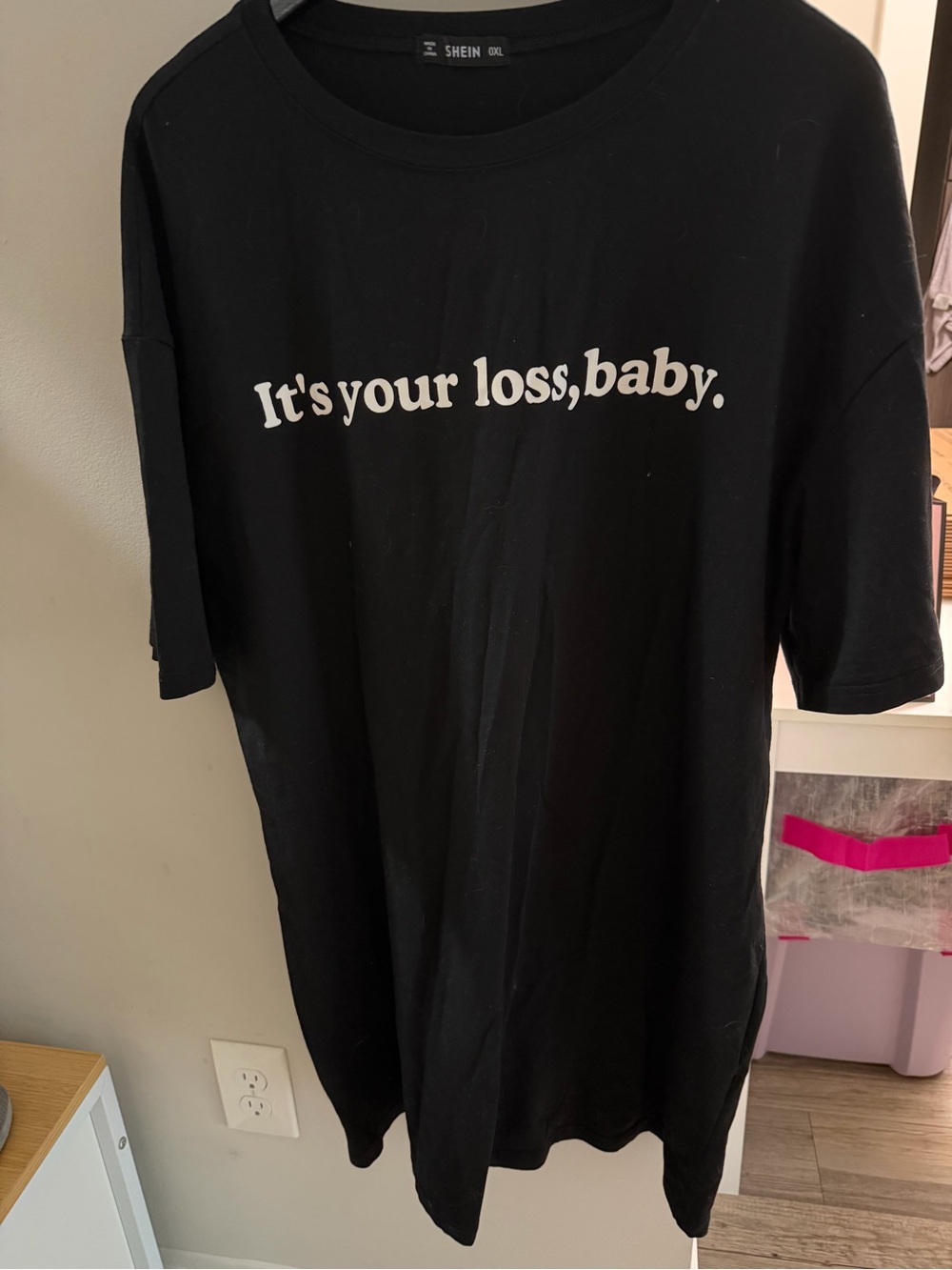 SHEIN Black Tshirt dress with White "It's your loss, baby." Graphic